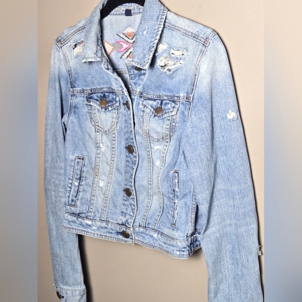 Y2K‎ American Eagle Embroidered Boho Festival Distressed Denim Jacket, Medium - Picture 3 of 5